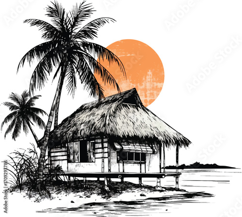 Tropical Paradise: Hand-drawn illustration of a serene tropical scene, with a traditional hut nestled beneath the swaying palm trees, bathed in the warm glow of a setting sun.