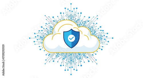 Vector illustration of cloud computing security concept with shield icon on cloud and network connections, for data protection