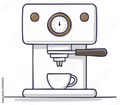 Simple cartoon illustration of a white espresso machine brewing coffee into a small cup