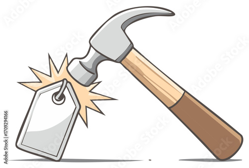 Hammer striking a price tag with impact lines
