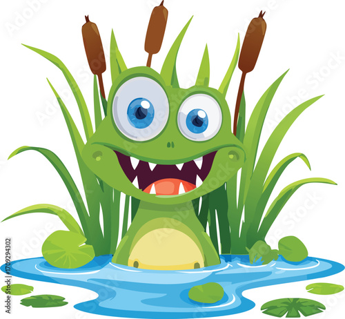 Cartoon frog character in a pond, surrounded by reeds and lily pads, with a happy expression.