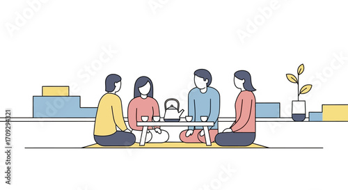 Four people enjoying tea ceremony together in a minimalist setting.