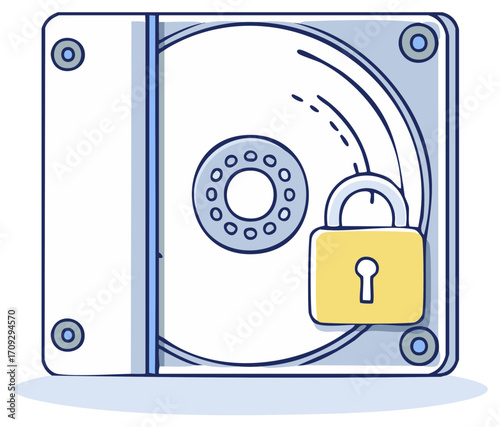 Stylized illustration of a locked hard disk drive representing data security and encryption