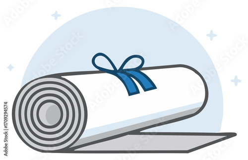 Rolled up document with blue ribbon in cartoon illustration.