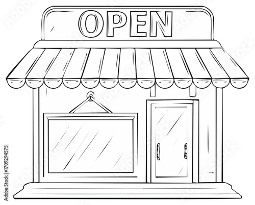 Vector illustration of a shop with open sign in black and white