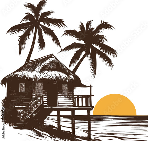 Tropical Getaway: A hand-drawn depiction of a tropical paradise, where a rustic hut stands peacefully near the ocean at sunset, framed by towering palm trees.