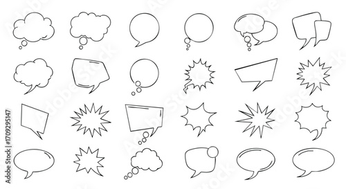 Dynamic collection of speech bubbles and thought clouds, perfect for comics, design projects, and messaging