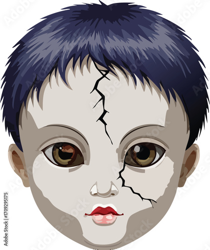 A creepy, stylized illustration of a doll's head with cracked features and dark hair.