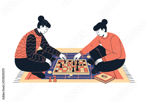 Two people playing chess together on the floor.