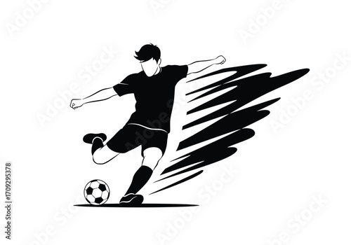 Dynamic soccer player kicking ball with motion effect.