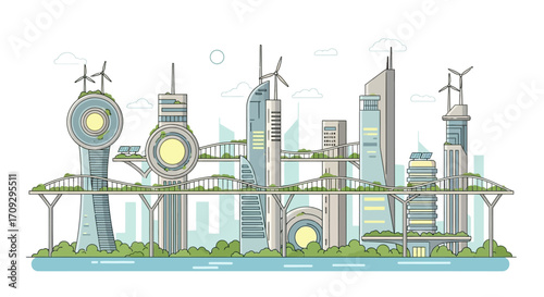 Futuristic Cityscape Depicting Sustainable Urban Development and Innovation.