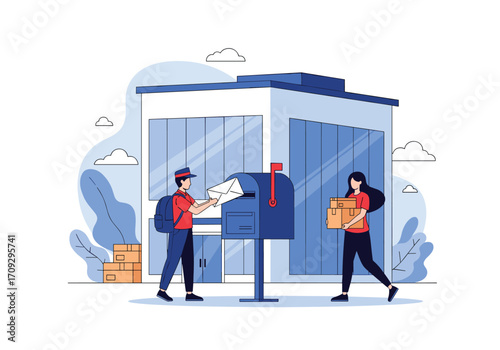 Delivery people interacting with mailboxes and parcels at a service building.