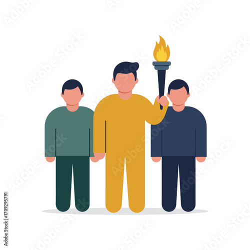 Vector art of three people standing together with the person in the middle holding a flaming torch