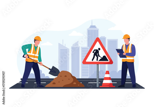 Construction workers performing road maintenance in a city environment.