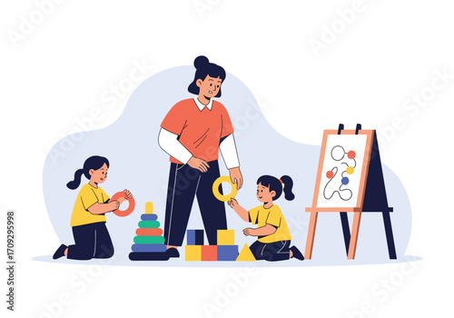 Preschool teacher and children playing with educational toys.