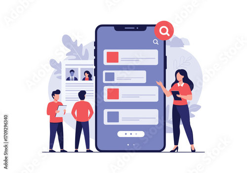 A group of people searching for job opportunities using a mobile application.