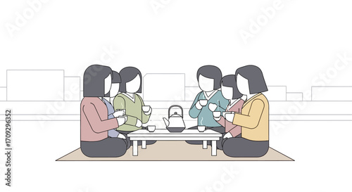 Group of people enjoying tea time together on a low table.