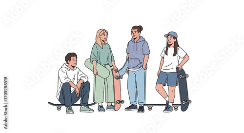 Group of young people with skateboards enjoying leisure time together.