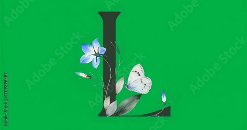 On play monogram L showing blossoms and butterfly on transparent background for decoration