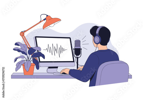 A person recording audio with a microphone and computer.