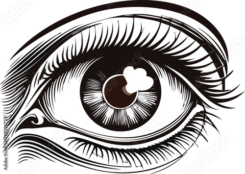 Detailed black and white graphic illustration of an eye, emphasizing intricate detail and line work.