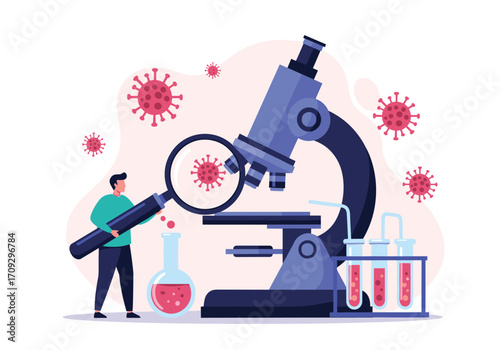 Scientist observing a virus under a microscope in a laboratory.