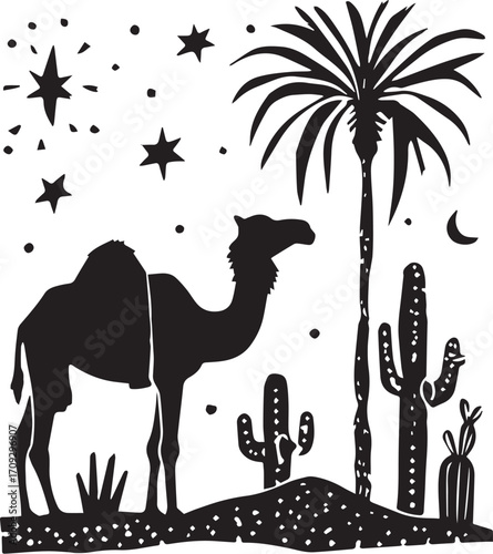 Desert Night Silhouette: Captivating silhouette of a majestic camel, standing beneath a starry night sky and next to a palm tree and cactus. Evoking the mystique of the desert.