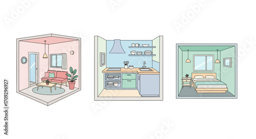 Illustration of three different rooms with furniture and decor.
