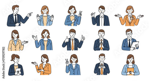 Diverse business professionals in modern attire express positivity and collaboration with engaging gestures