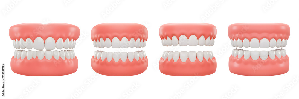 Fototapeta premium Multiple denture sets displayed side by side showing different teeth alignment and gum colors isolated on transparent background 3D icon