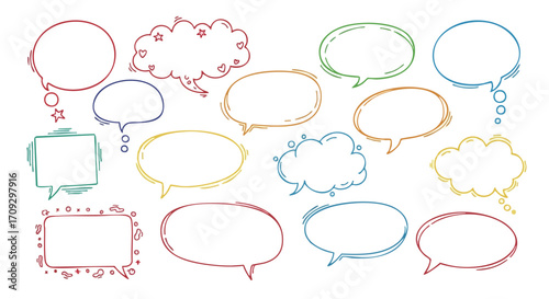 Colorful doodle speech bubbles for social media, creative minds, communication, and playful marketing campaigns