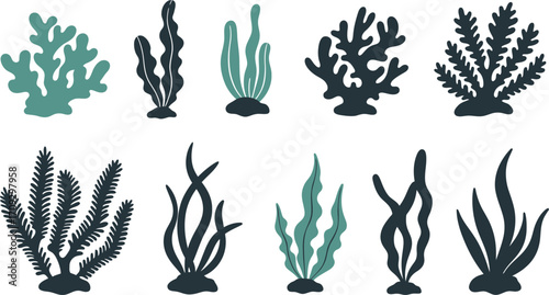 Variety of teal and dark silhouettes of coral reefs on transparent background