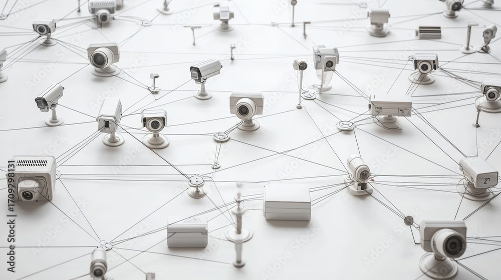 © Stanislau - Surveillance network with various cameras connected by lines on a plain surface