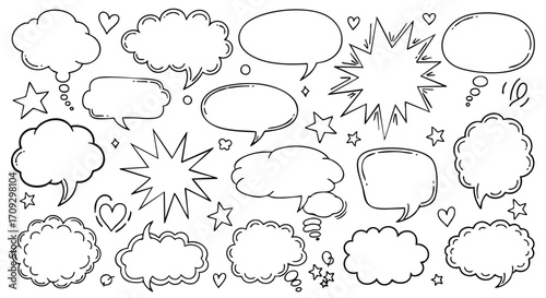 Create engaging social media with these fun hand-drawn speech bubbles and stars for your designs