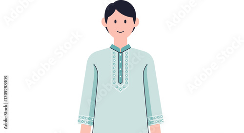 Man in traditional attire smiling, light blue kurta, cultural clothing.
