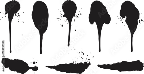 Five ink splatters and three smaller blobs on transparent background