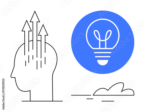 Human head with arrows indicating growth, next to a bright light bulb in a blue circle for ideas. Ideal for creativity, innovation, growth mindset, problem-solving, brainstorming, education, simple