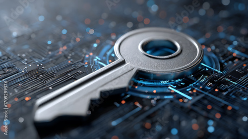 Key Placed on a Circuit Board, Symbolizing Security in Digital Technology and Encryption Methods for Data Protection