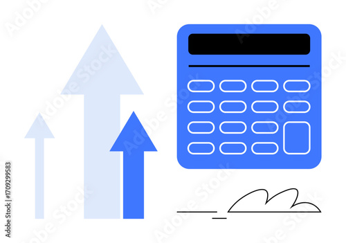 Blue calculator next to three upward arrows indicating concepts thumbs up financial growth, analysis, progress, and success. Ideal for finance, business, budgeting, strategy, planning education
