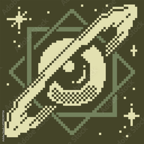 Pixel art illustration of an abstract eye with cosmic background, stars, and geometric shapes.