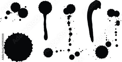 Collection of abstract black ink splatters and drops on transparent background