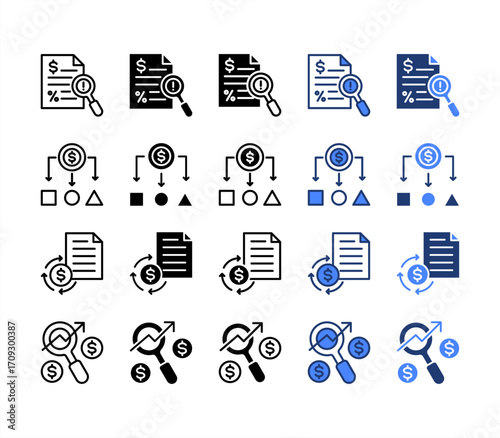 Estimate, Cost allocation, ROI, Analysis, multiple style icon set.