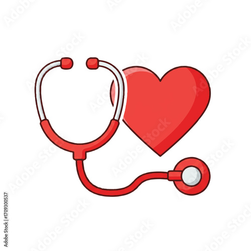 A simple flat 2D vector illustration features a classic stethoscope encircling a stylized heart icon, symbolizing health, cardiology, and essential medical care on a clean white background.