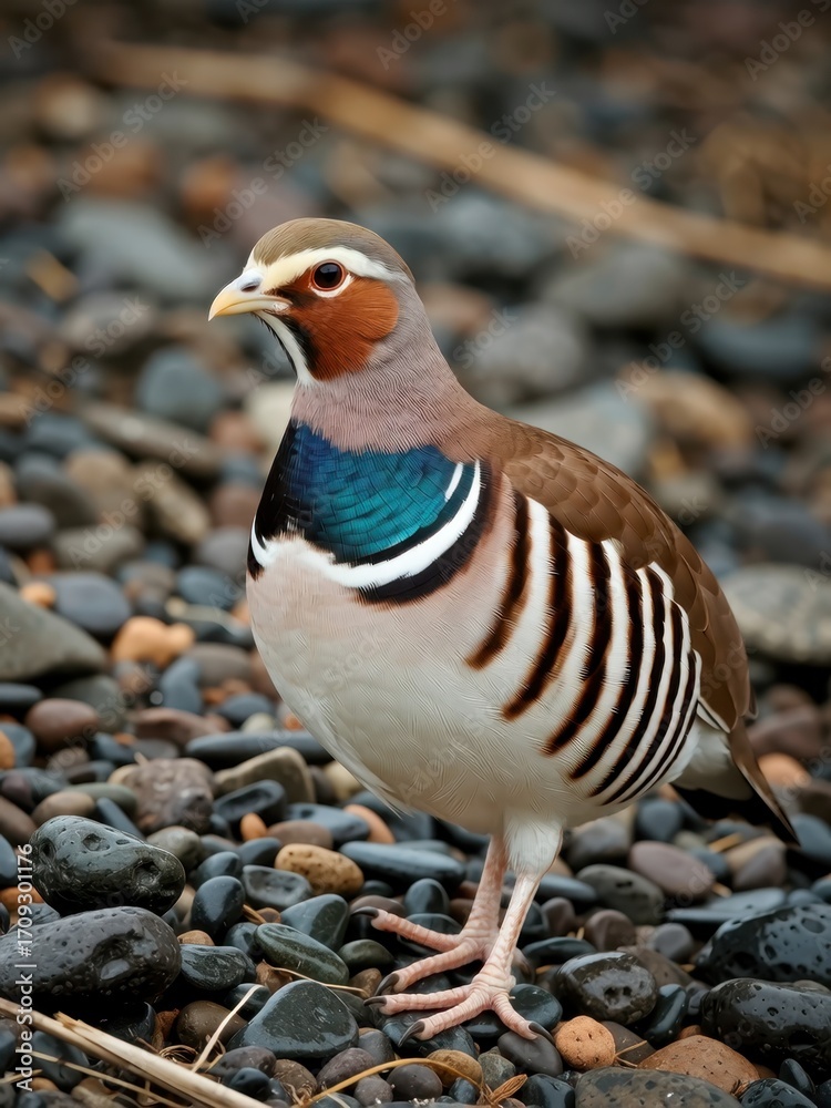 Fototapeta premium Colorful partridge bird displaying on rocky shoreline nature photography outdoor environment close-up perspective