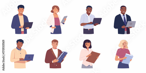 Diverse group of smiling business professionals holding laptops and documents on a white background