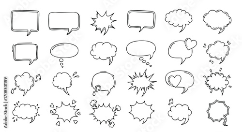 Hand-drawn speech bubbles expressing thoughts, emotions, ideas, perfect for comics and social media
