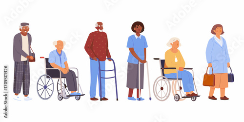 Diverse group of elderly individuals and caregivers standing together with mobility aids and bags