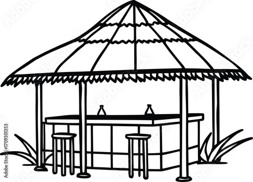 a tropical beach bar with wooden stools and a thatched roof, perfect for vacation relaxation line art