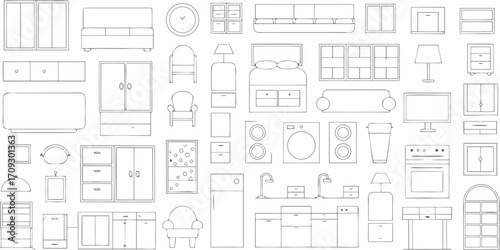Collection of hand drawn line art illustrations of various furniture and home appliances
