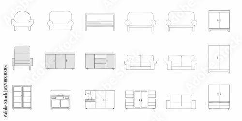 Collection of simple line art furniture icons including sofas chairs cabinets and storage units